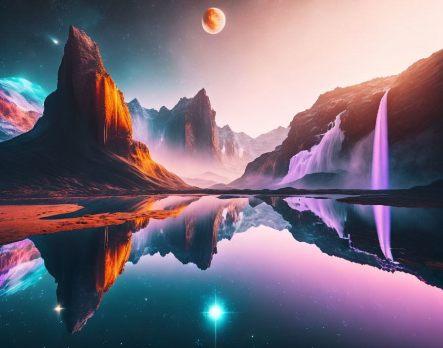 Digital art landscape: mountains, waterfalls, serene lake, star, and moon.