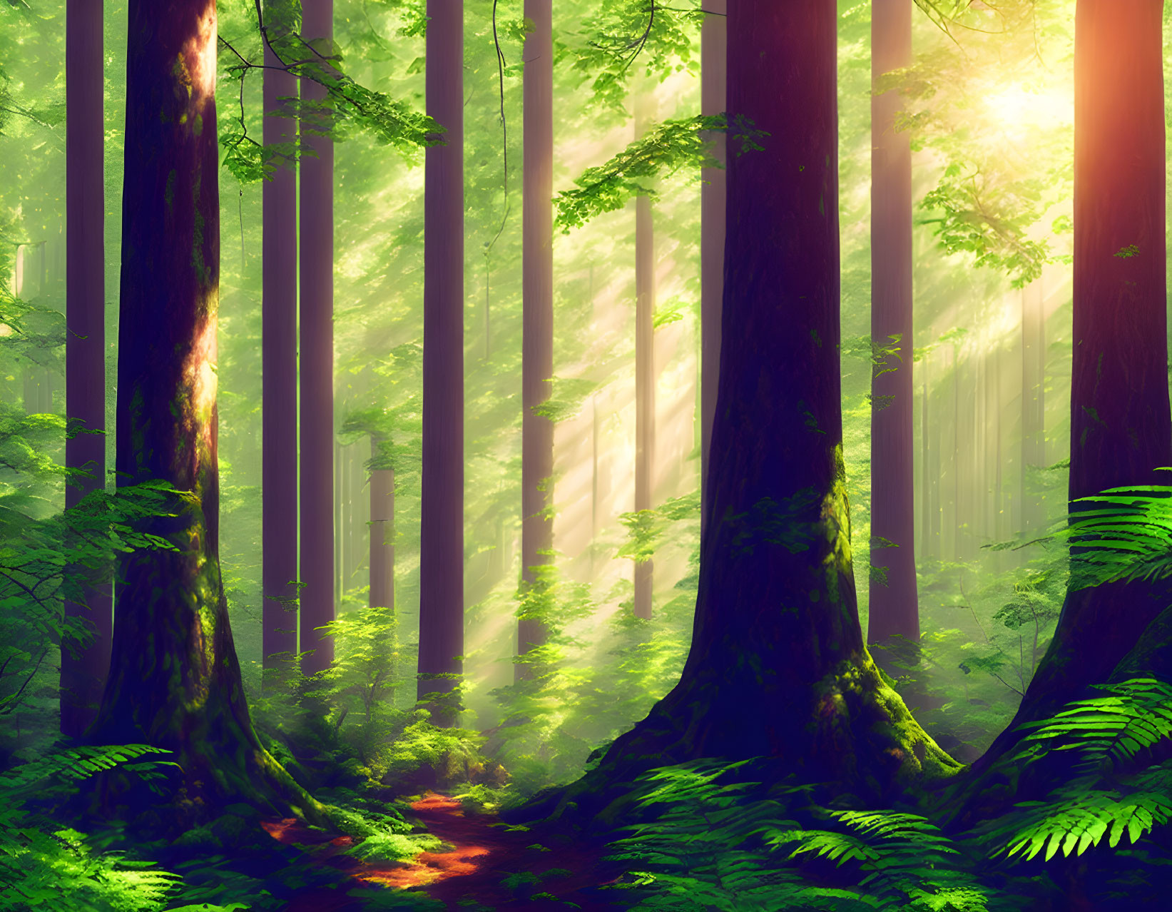 Vibrant green forest with sunlight filtering through tall trees