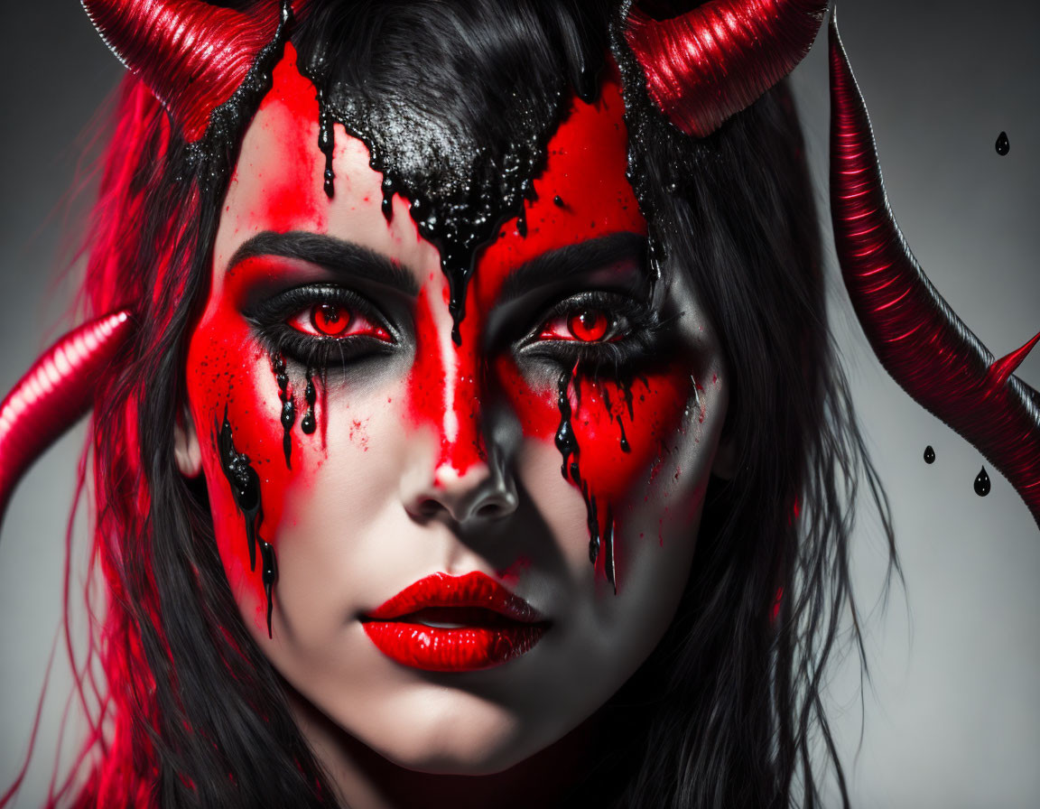 Person with demon-like makeup: red and black colors, horns, blood-like liquid.