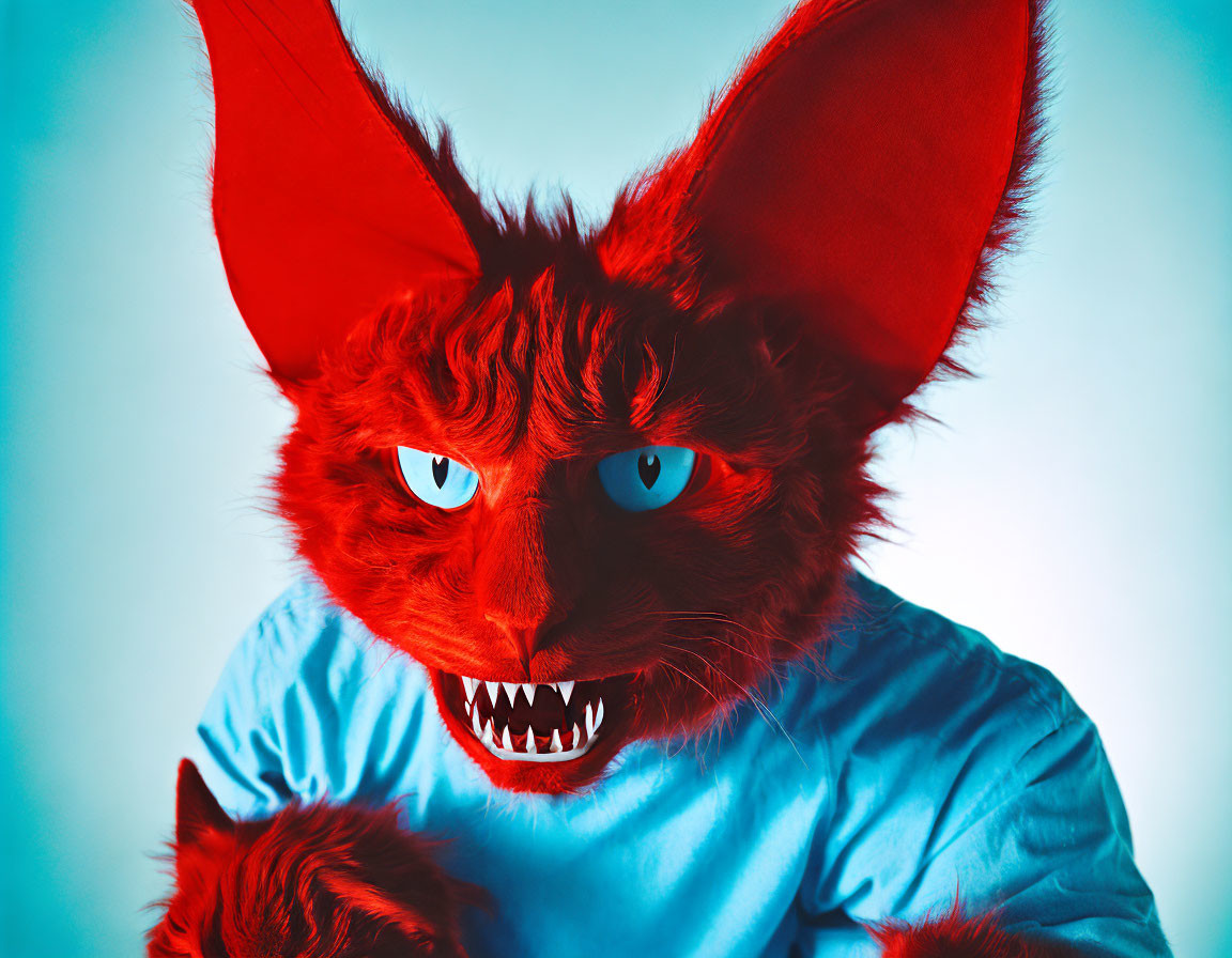 Red furry monster with pointed ears and sharp teeth on blue background