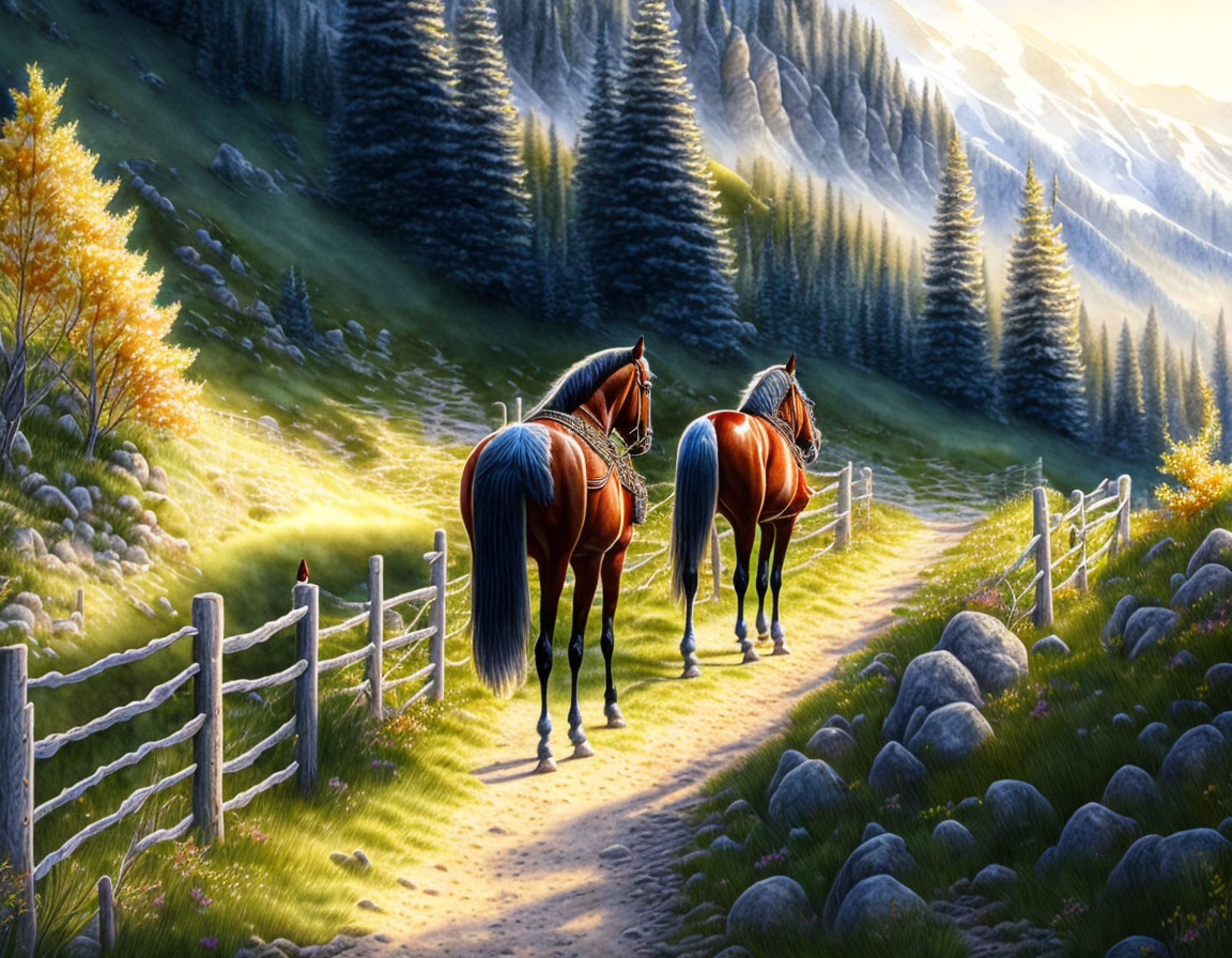 Autumn landscape with two horses, grassy fields, trees, and mountains at sunrise