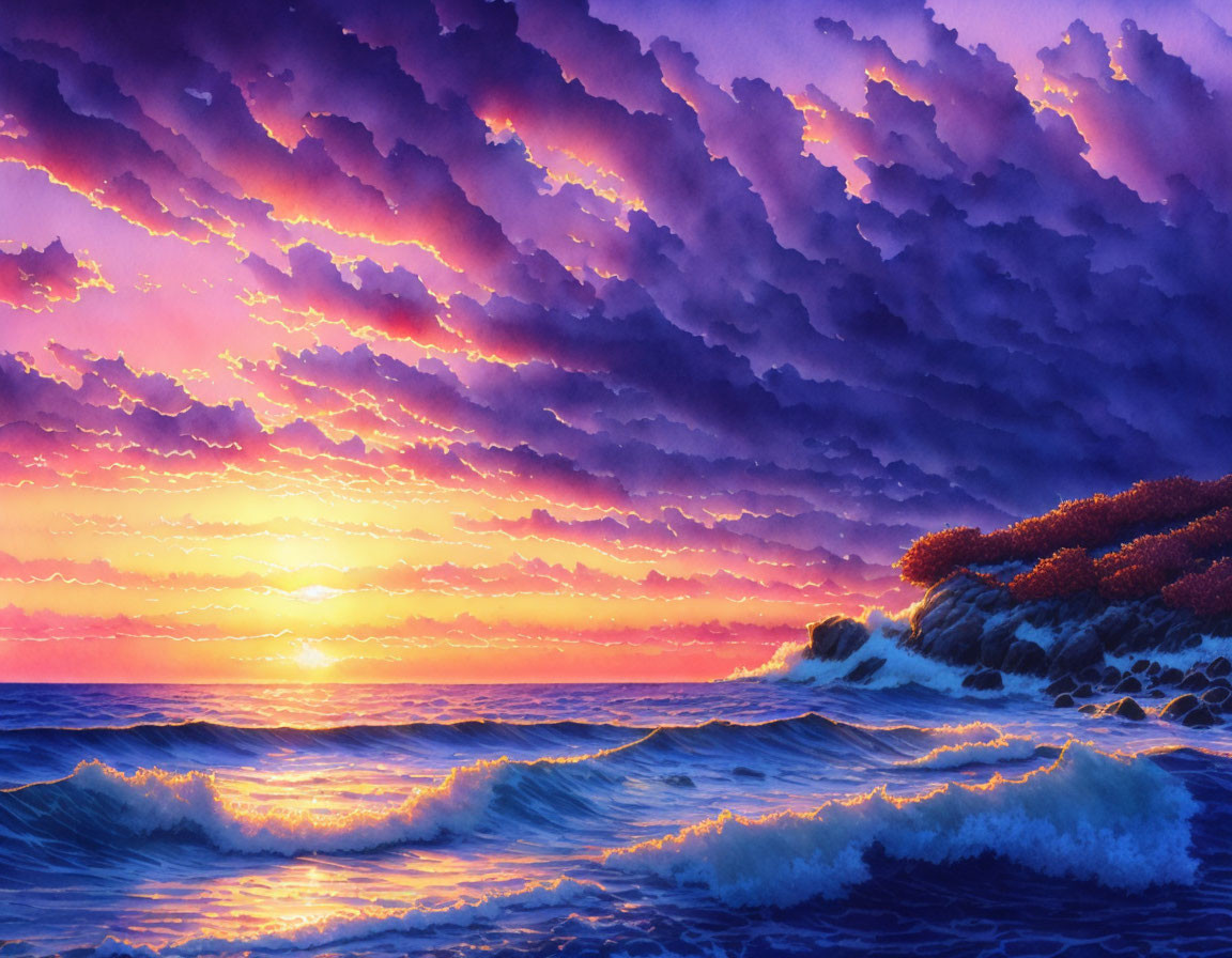 Colorful sunset over wavy ocean under purple cloud-filled sky