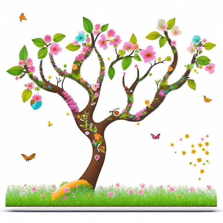 Colorful blooming tree with butterflies and meadow view