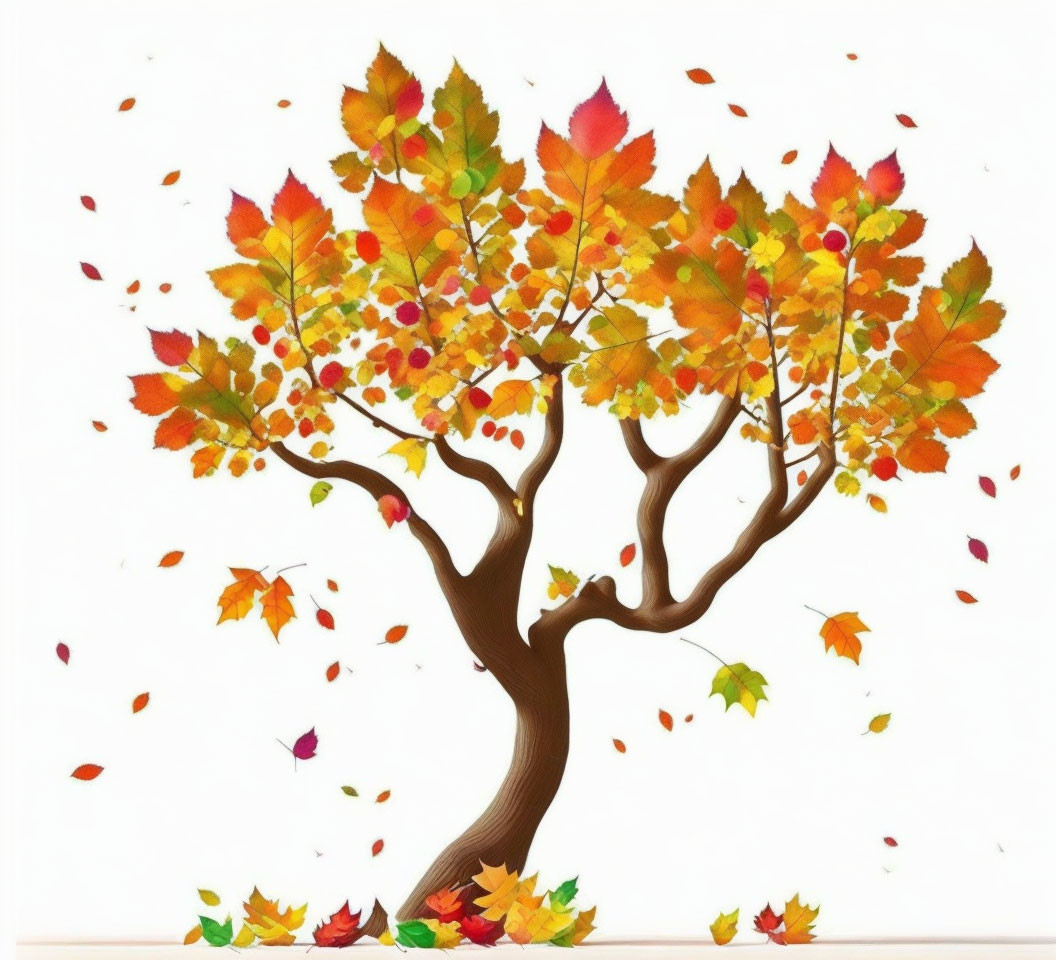 Vibrant autumn tree illustration with falling leaves