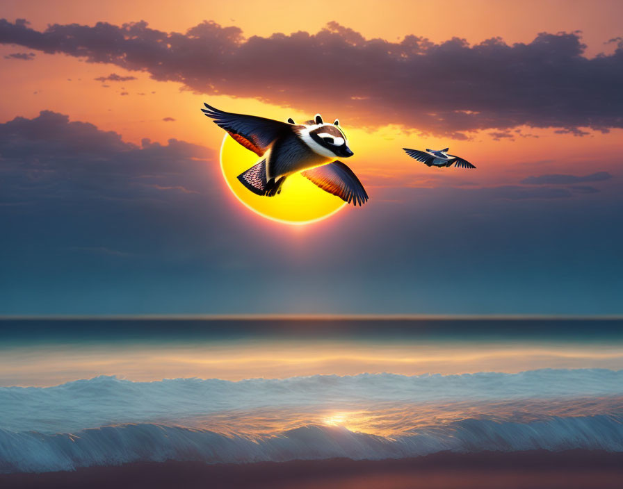 Flying panda and bird over ocean at vibrant sunset