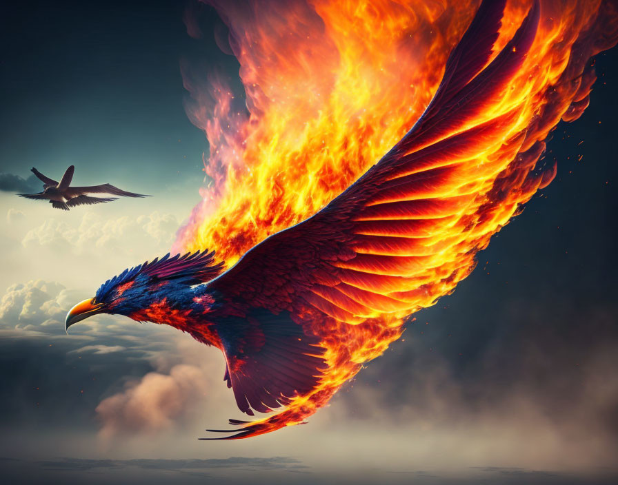 Majestic phoenix flying with fiery wings in dramatic sky