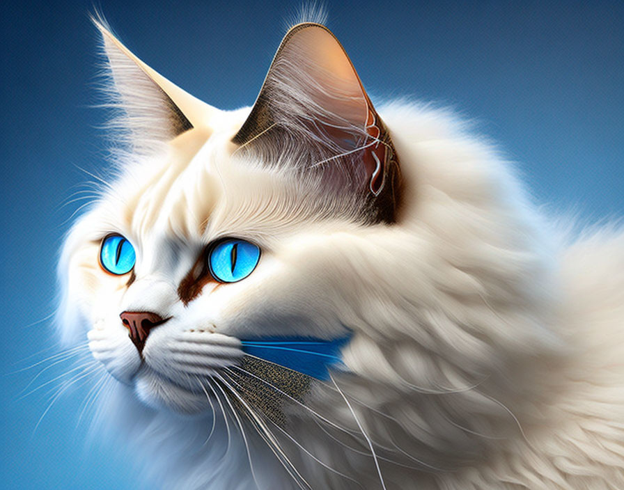 Fluffy white cat with blue eyes and pointed ears on blue background