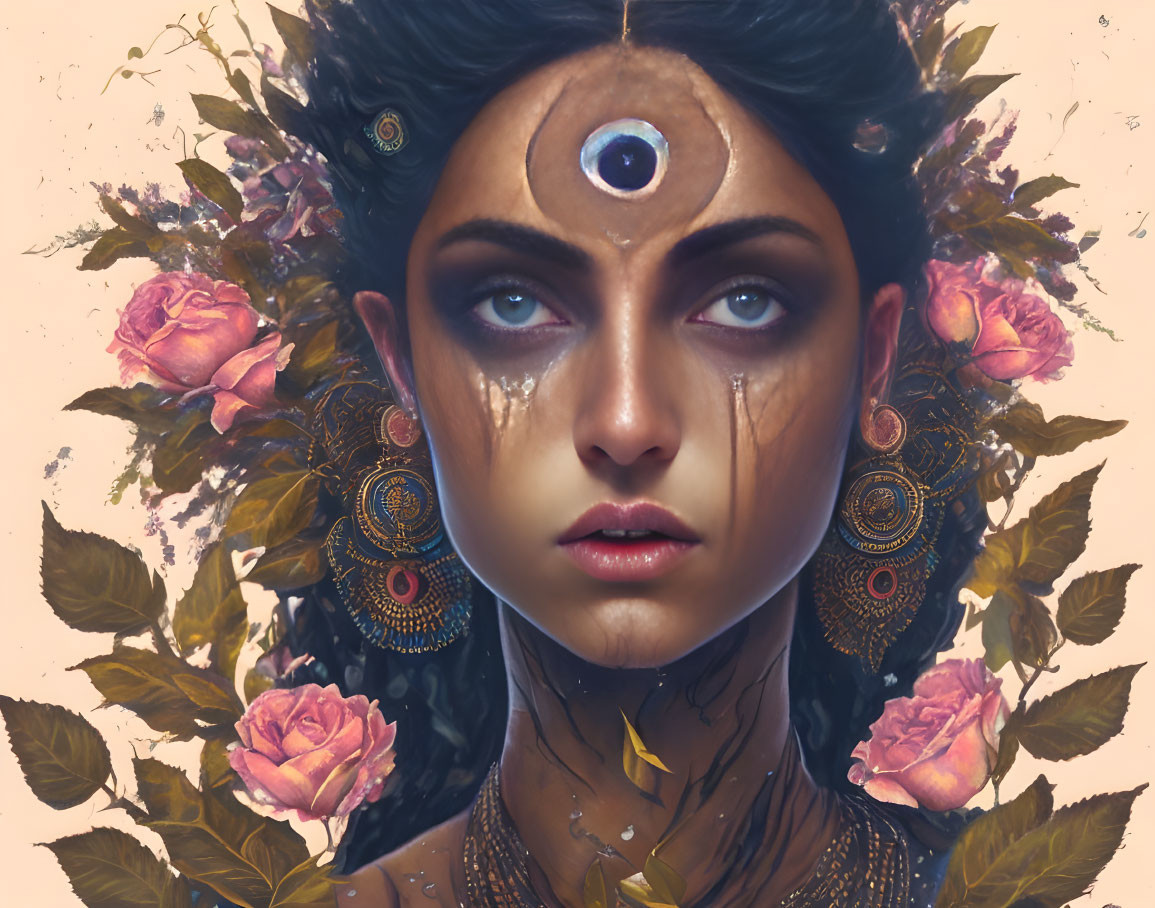 Mystical female figure with third eye, roses, leaves, peacock feathers