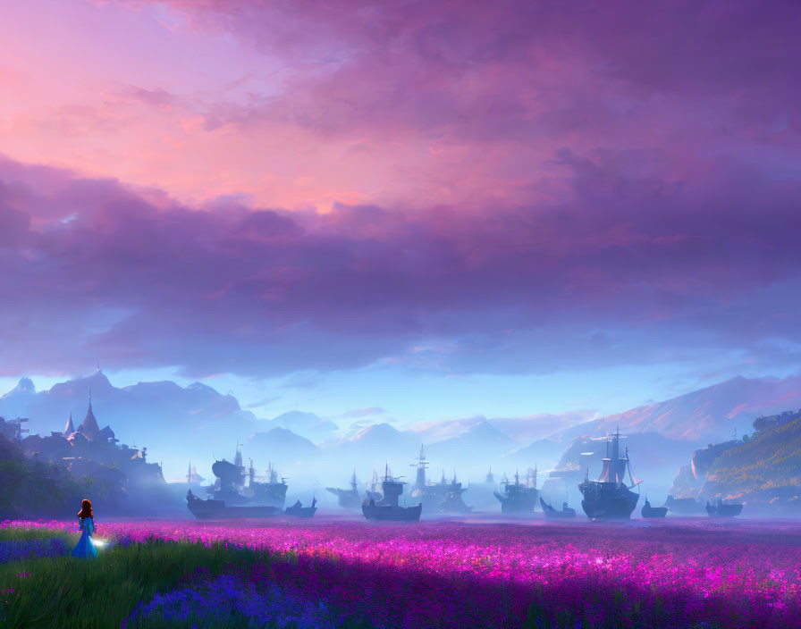 Person admiring lavender field with ships on horizon at dawn