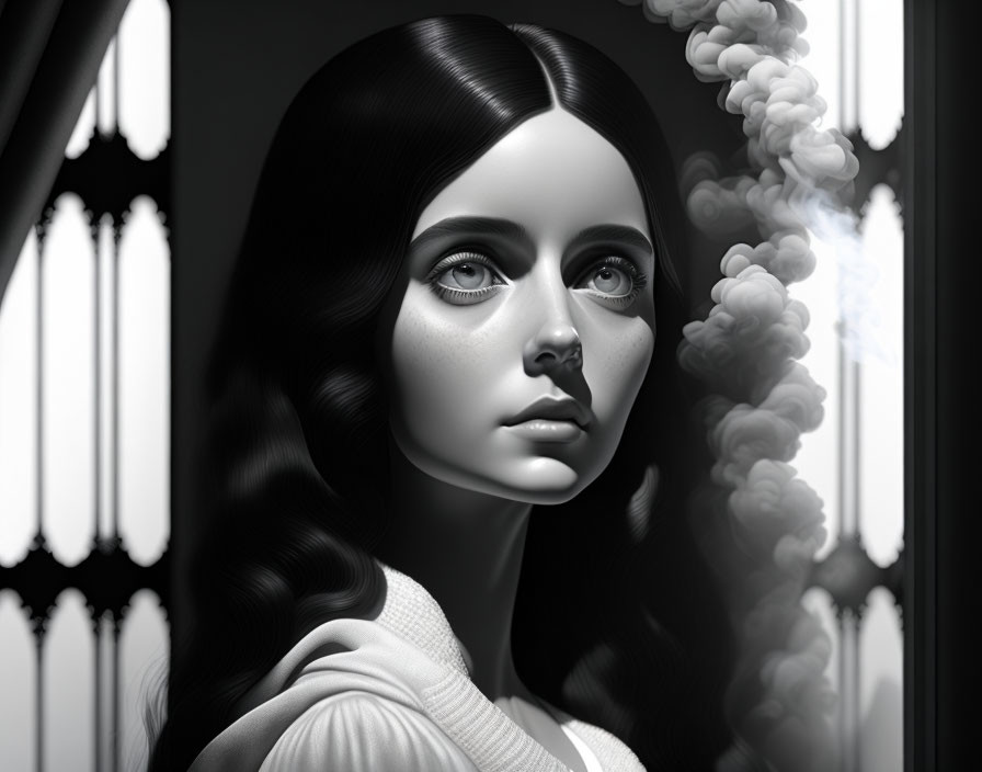 Monochrome digital portrait of a woman with dark hair and large eyes, light streaming through a window,