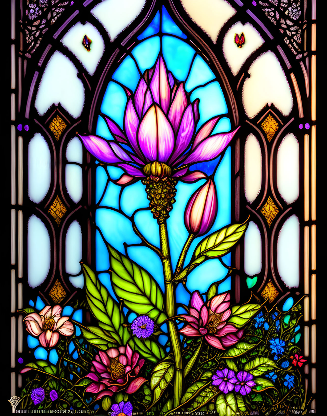 Colorful Lotus Flower Stained Glass Window on Blue Background