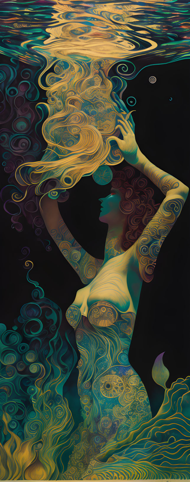 Abstract Female Figure Merging with Wavy Patterns in Blue and Yellow