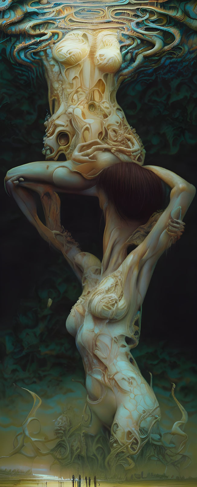 Vertical surreal painting of intertwined human figures against dark, ethereal backdrop