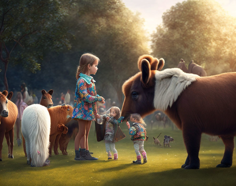 Children with miniature animals in magical forest under soft sunlight