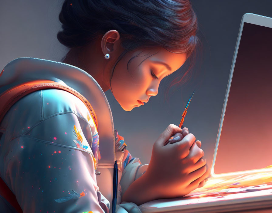 Young girl painting in warm glow ambiance