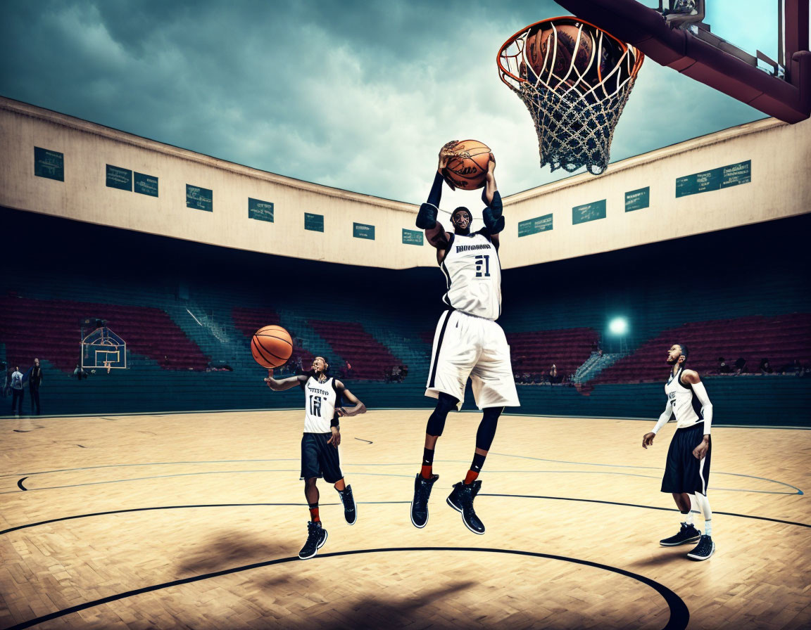 Three basketball players in action on court