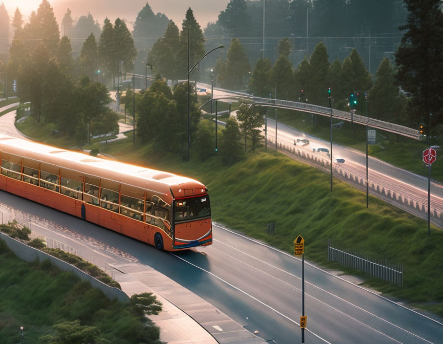 Orange bus on curved road at dawn with soft sunlight and trees.