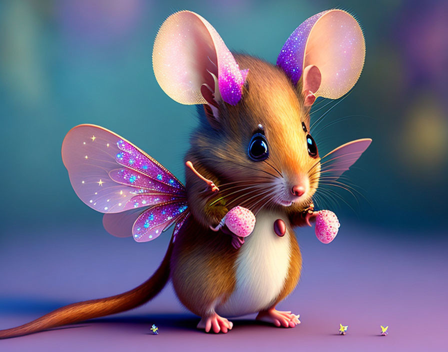 Whimsical fairy-like mouse with sparkly wings and stars in enchanted setting