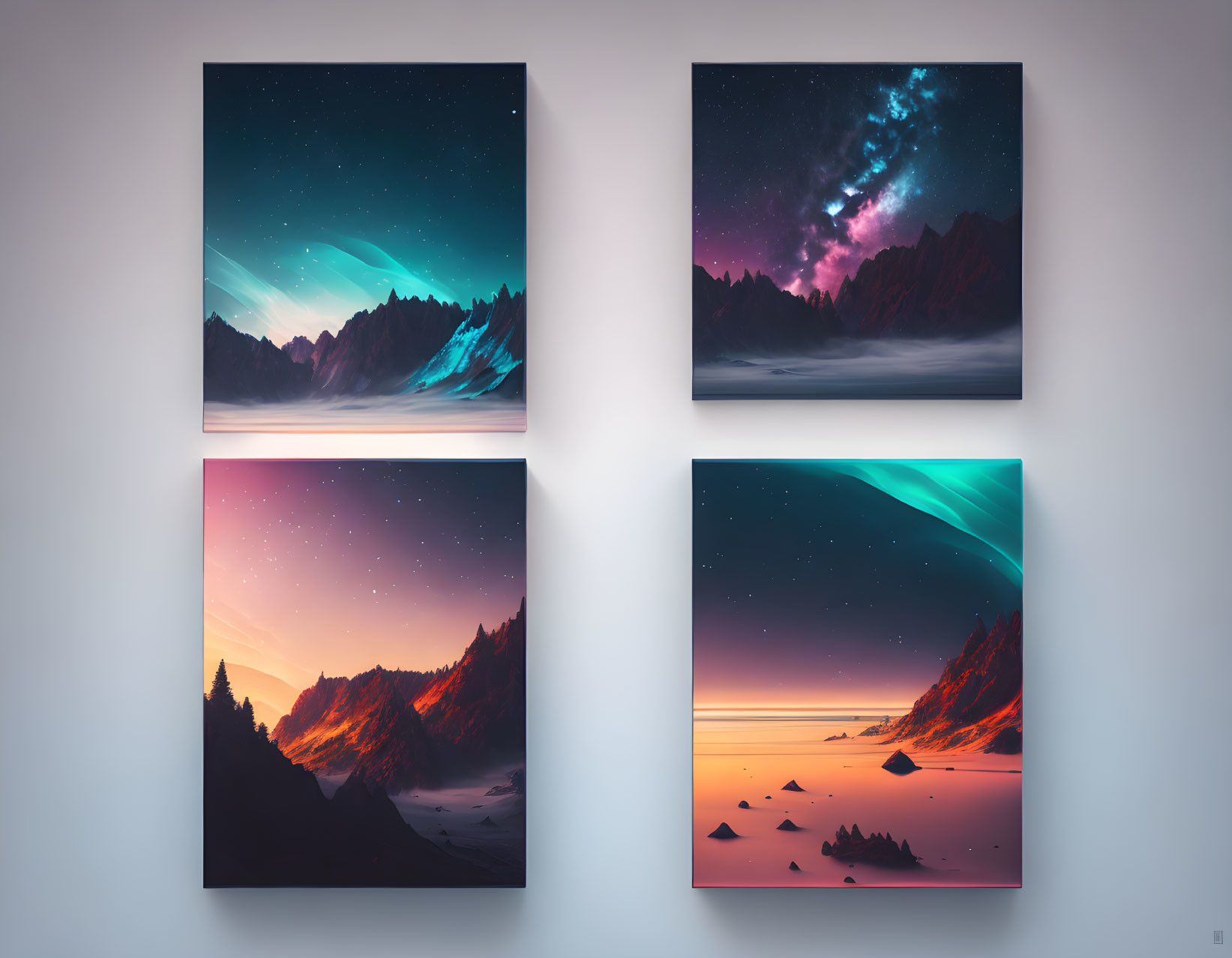 Mountainous landscapes on canvas prints with starry skies in blue, orange, and pink palettes