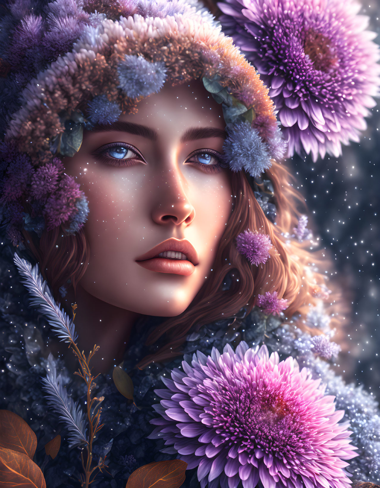 Digital portrait of woman with floral elements & cool colors, featuring serene gaze & winter theme.