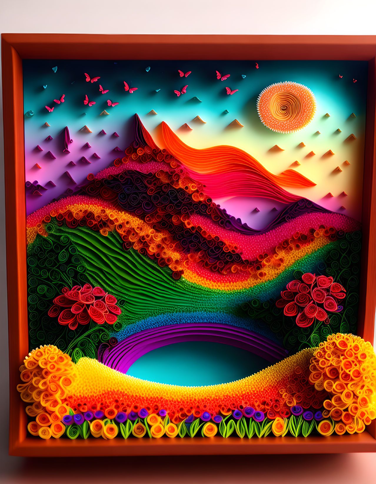 Colorful Paper Art Landscape with Hills, Flowers, Butterflies, and Sun