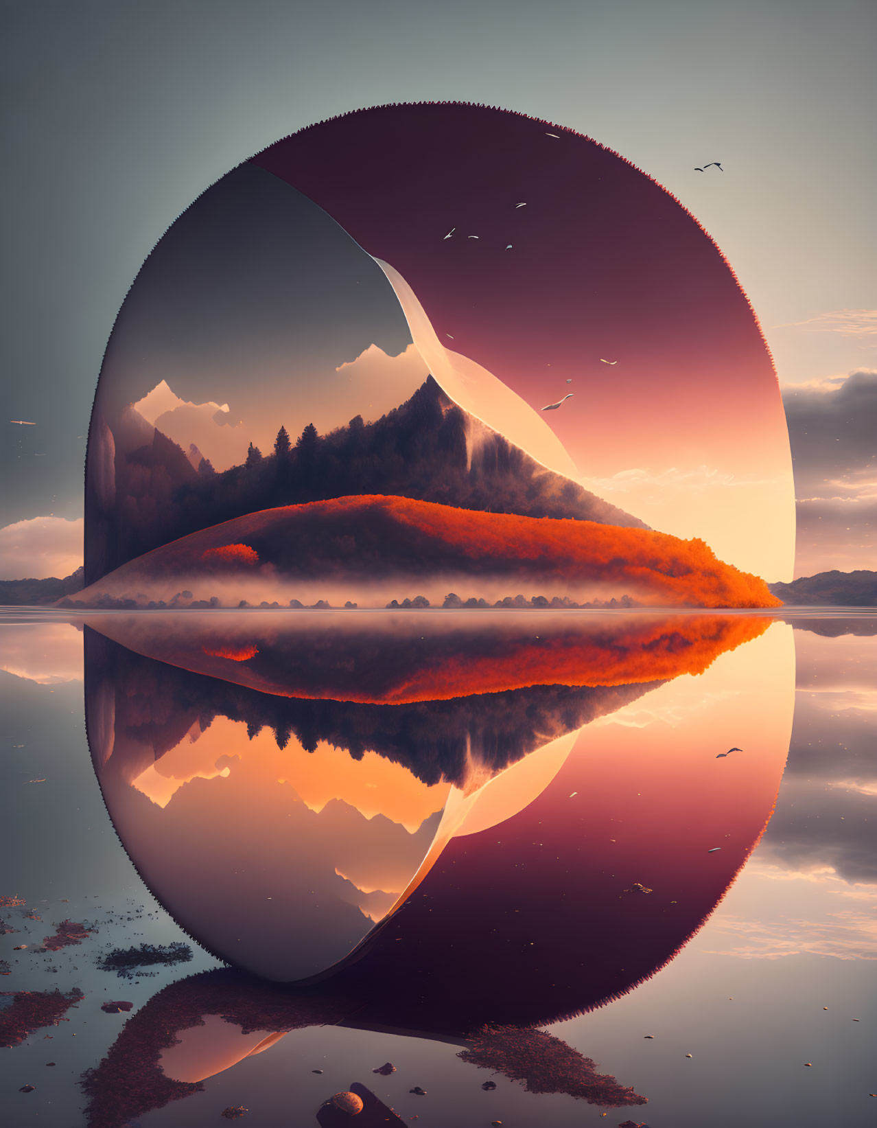 Surreal landscape with circular portal, mountainous island, autumn trees, reflective water, and dus