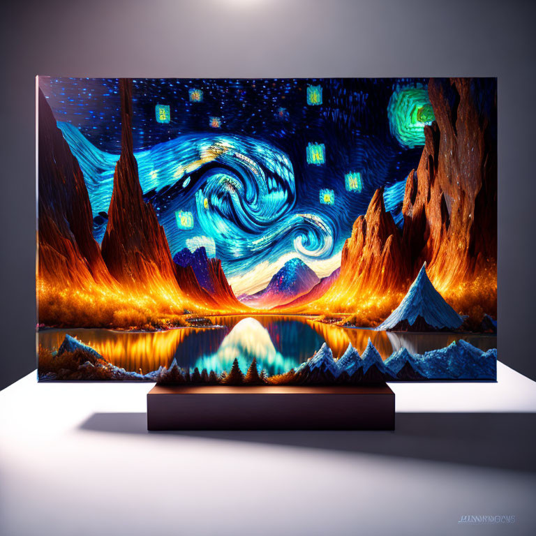 Starry night painting on modern TV stand against gray background