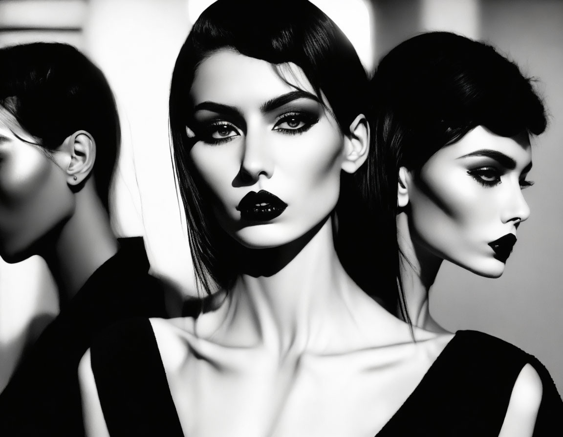 Three women with dramatic makeup and hairstyles in monochrome.