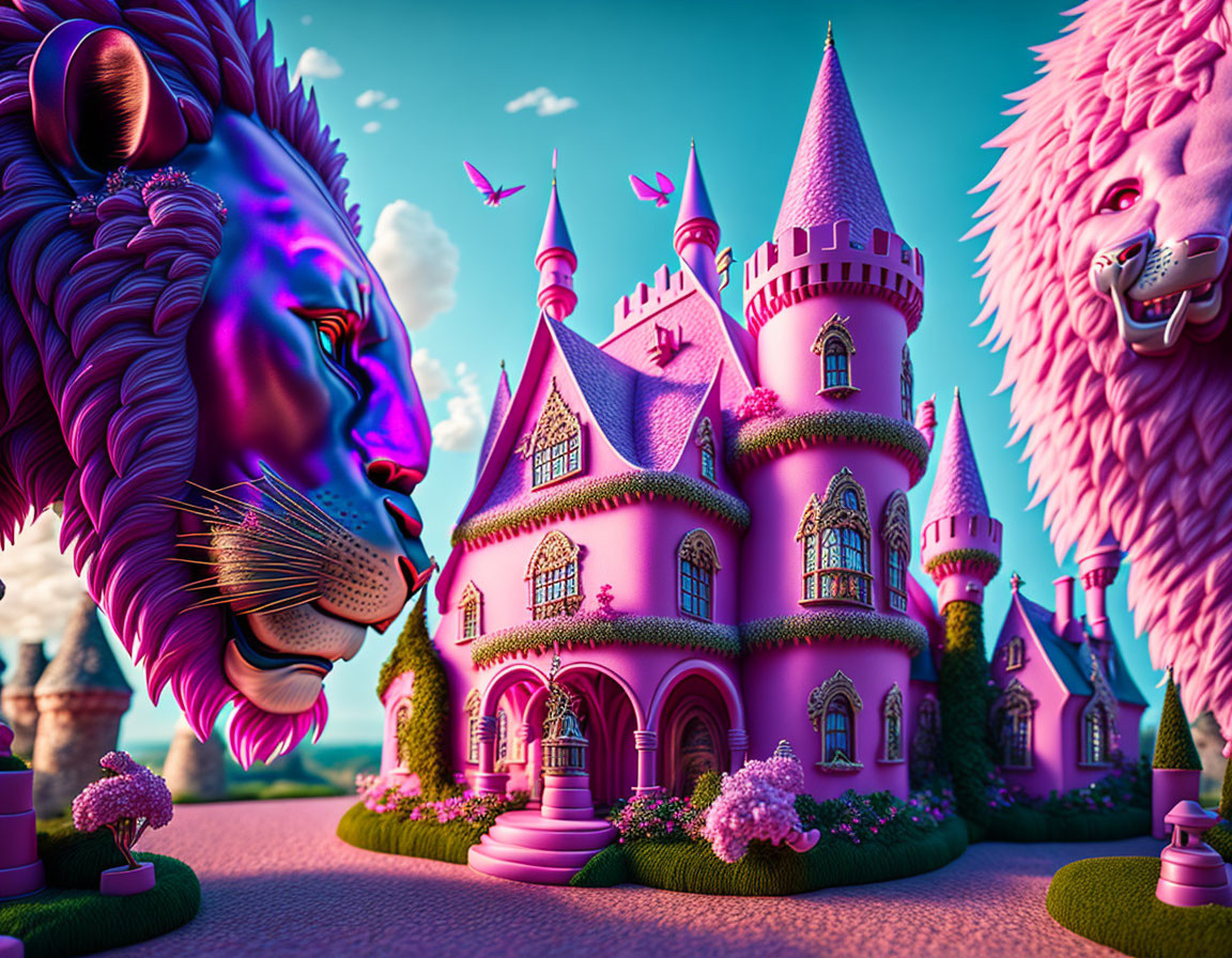 Imposing castle in vibrant fantasy landscape with majestic lions