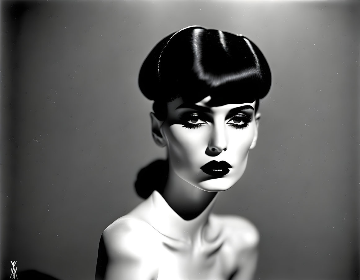 Monochrome image of stylized female figure with dark lipstick and defined eyebrows.