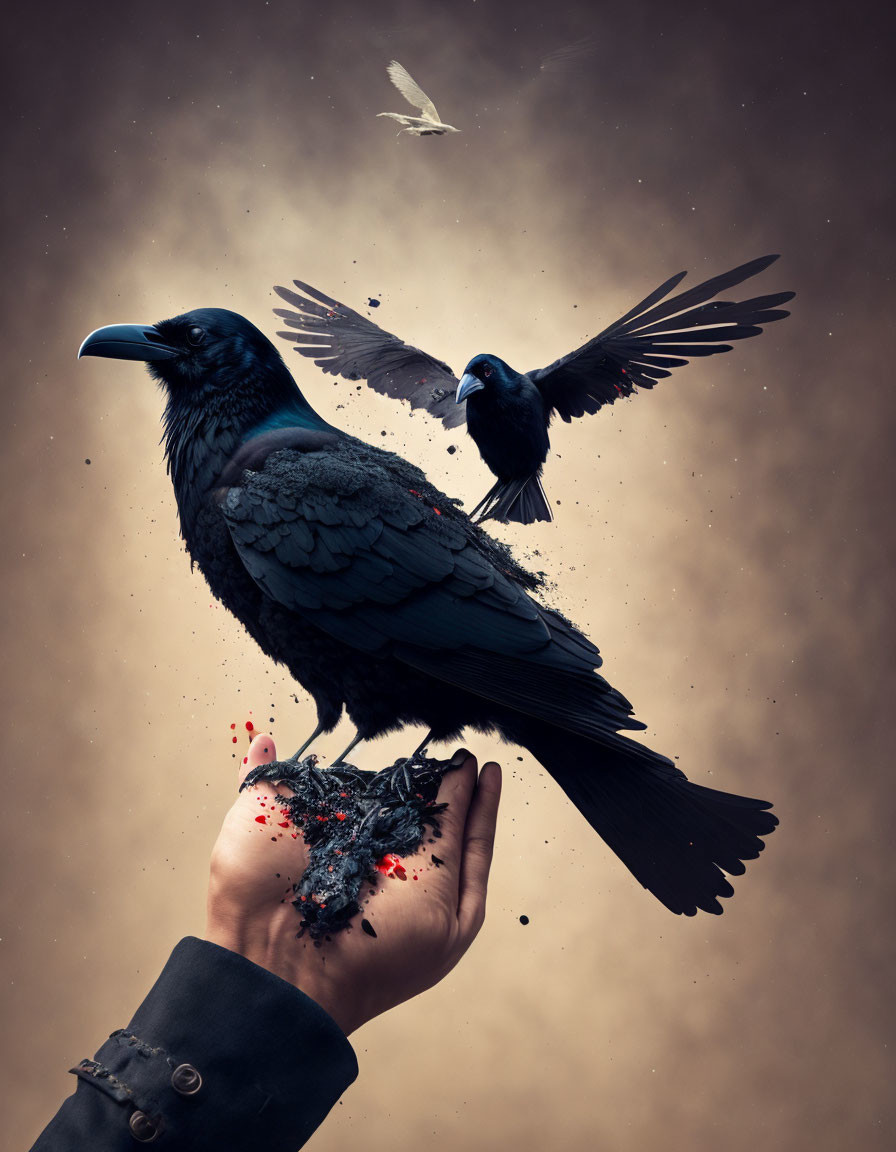 Hand holding disintegrating raven, one flying, one perched, against dusky sky.