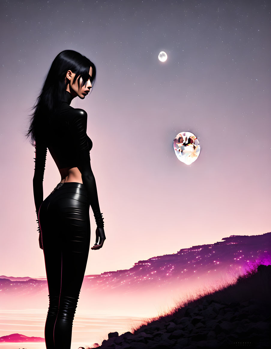 Stylized woman in black clothing under starry sky by serene water