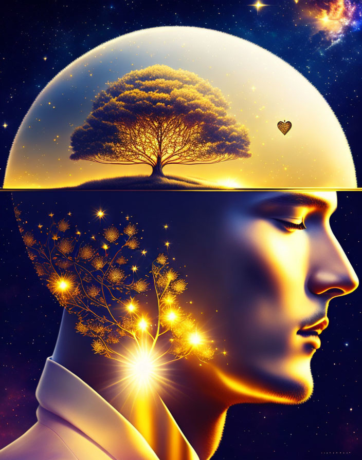 Surreal male face blending with cosmic landscape and vibrant tree