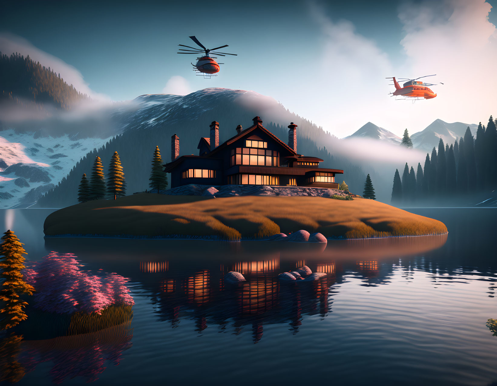 Modern house on island at dusk with helicopters and pine trees