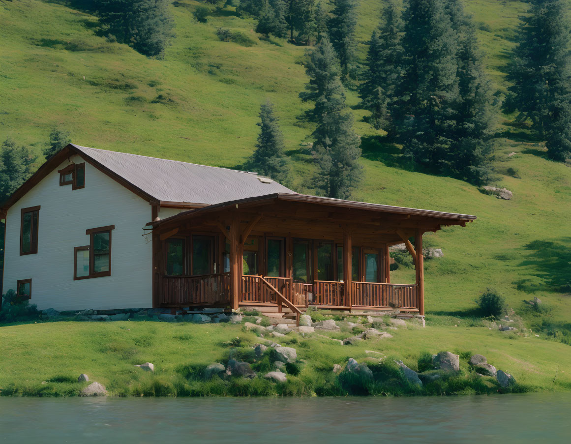 White House with Wooden Porch by Serene River amid Green Hills