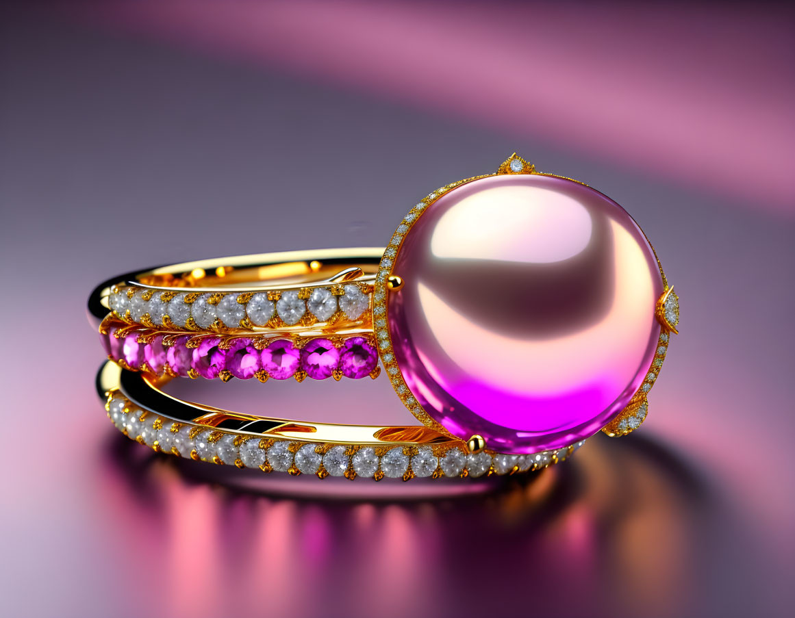 Large Pearl Ring with Pink and Diamond Bands on Reflective Surface