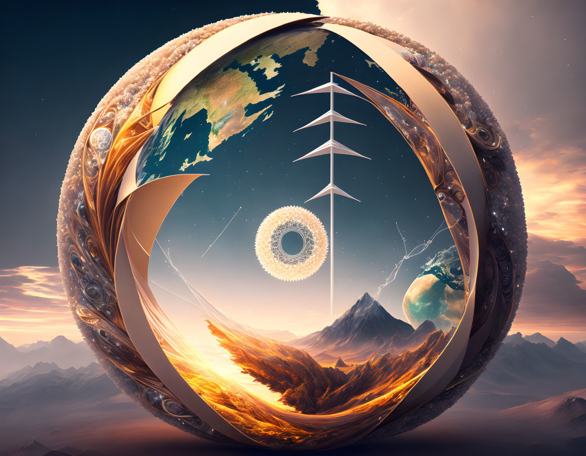 Surreal digital artwork: ornate circular frame, landscape, celestial bodies, Möbius strip