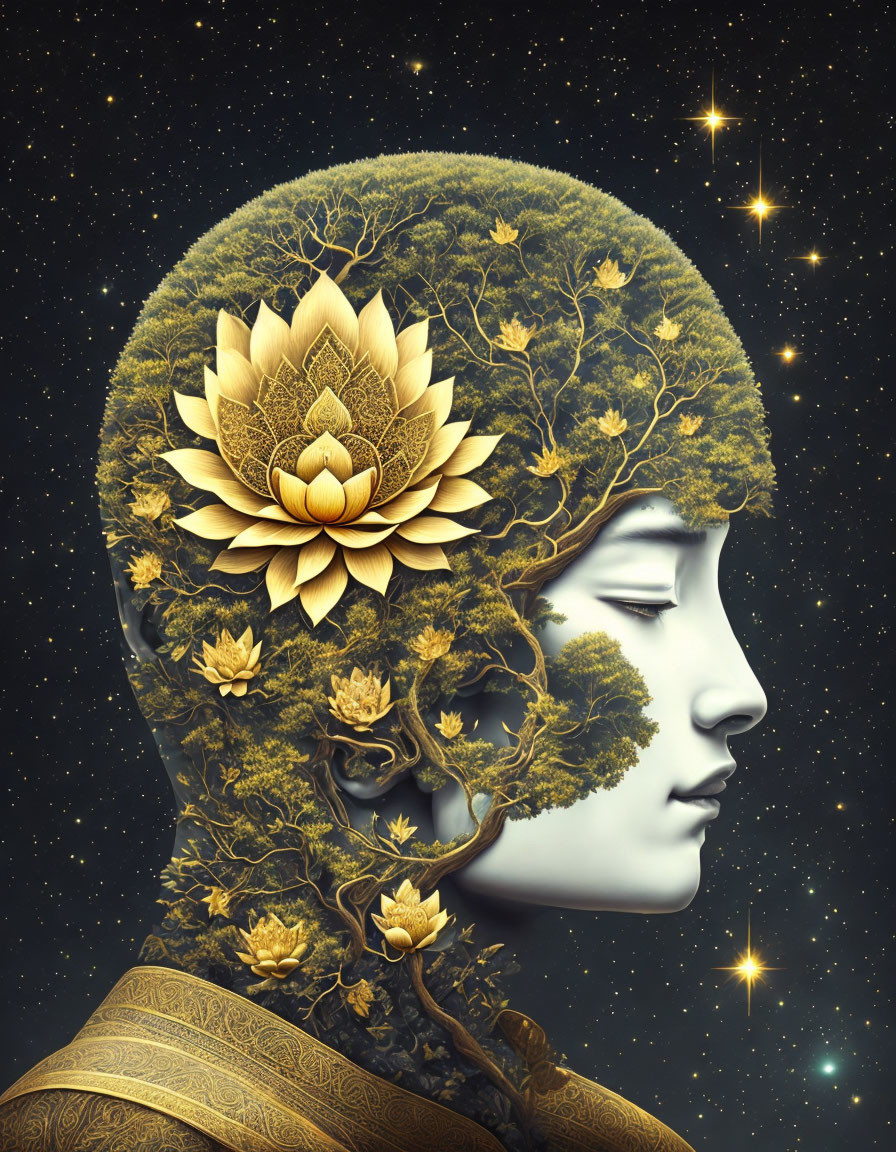 Profile view of peaceful face blended with tree, golden leaves, blooming lotus, against starry