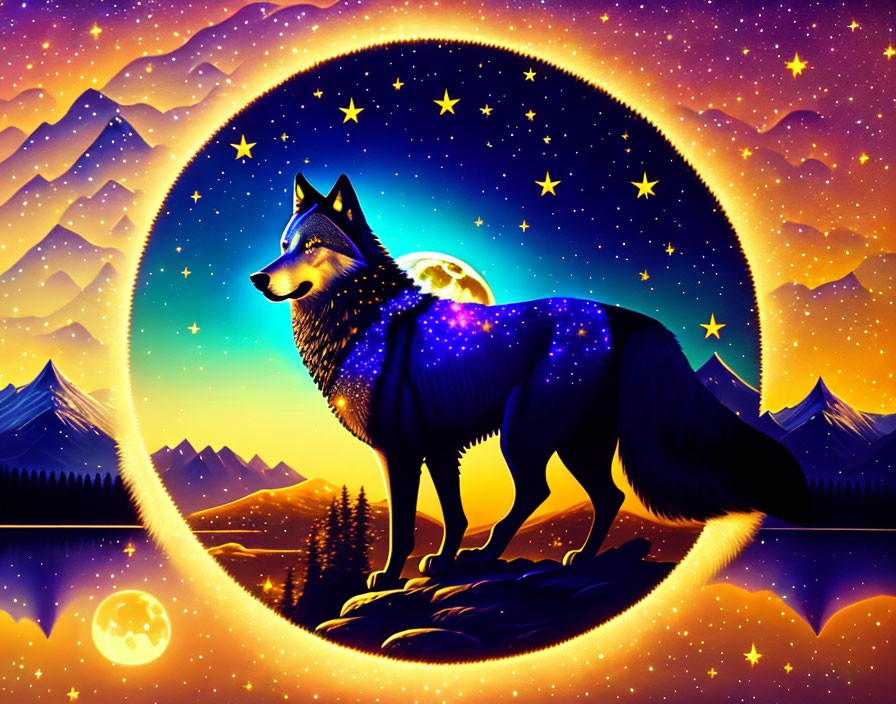 Cosmic wolf silhouette in starry night with mountains & moons