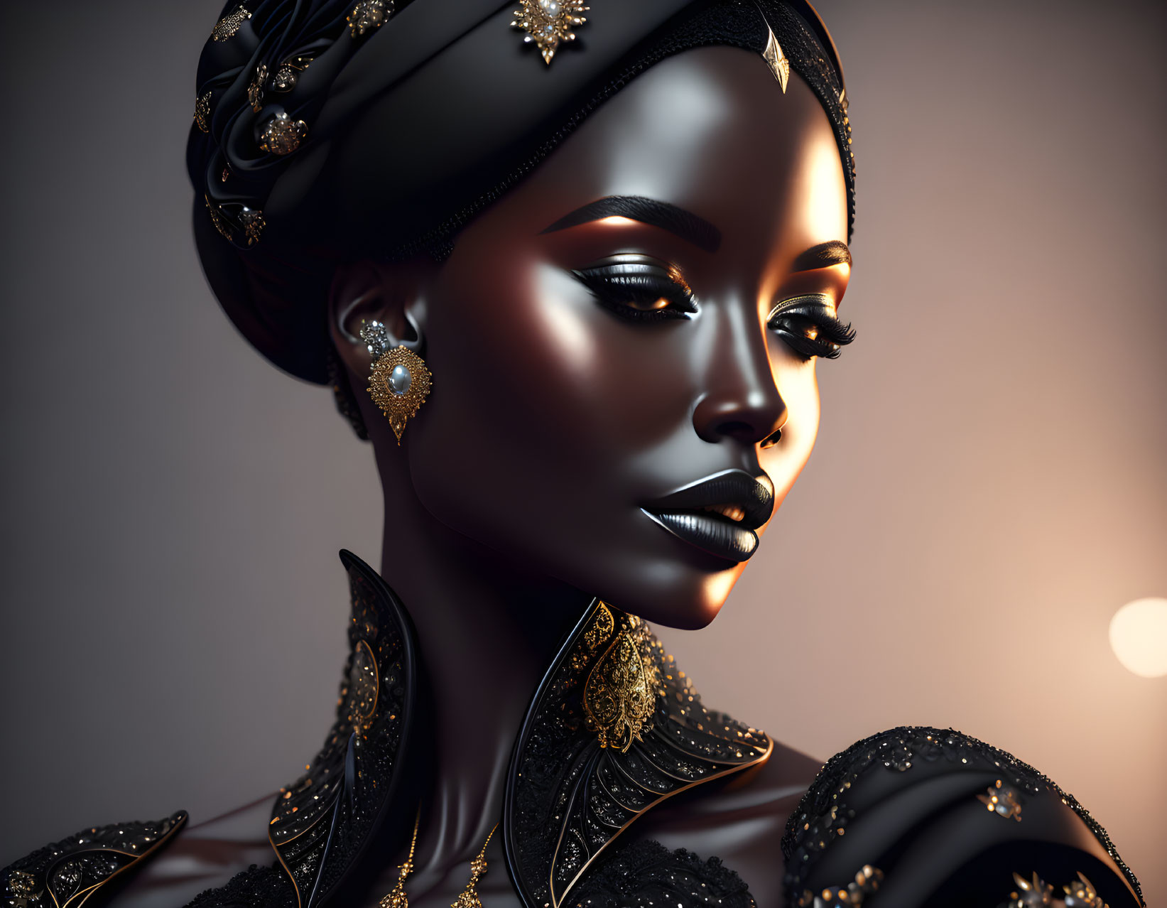 Detailed Close-Up of Woman in Digital Art with Dark Glossy Skin