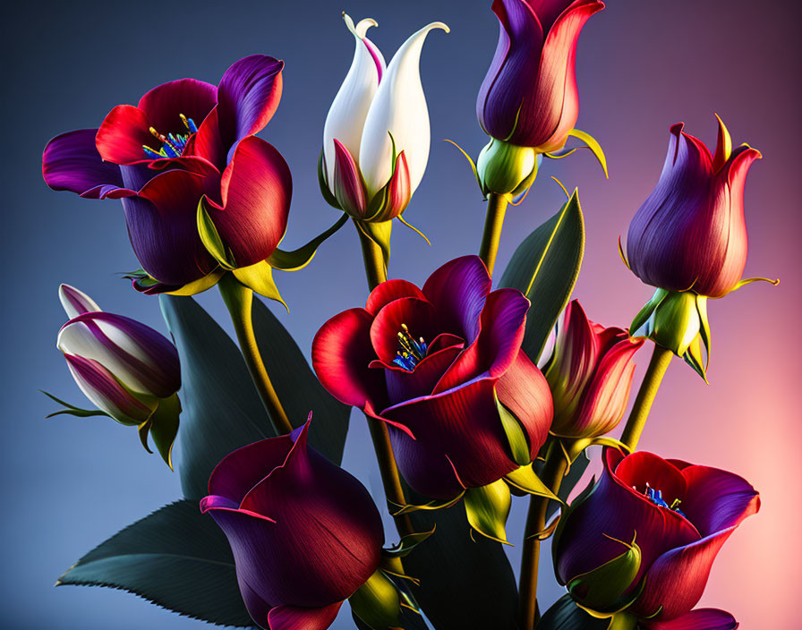 Colorful Calla Lilies and Tulips Bouquet on Moody Blue-Violet Background