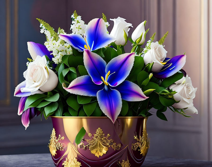 Purple and White Lily Bouquet in Golden Vase Displayed on Soft Background