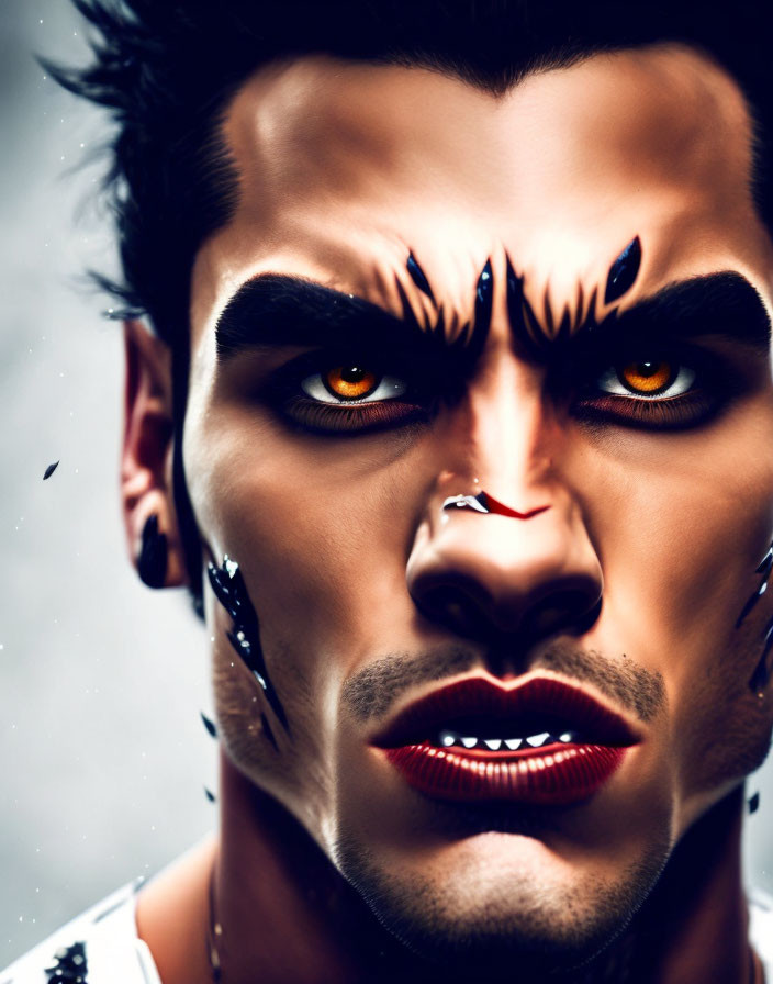 Striking digital portrait of a man with amber eyes and red lips