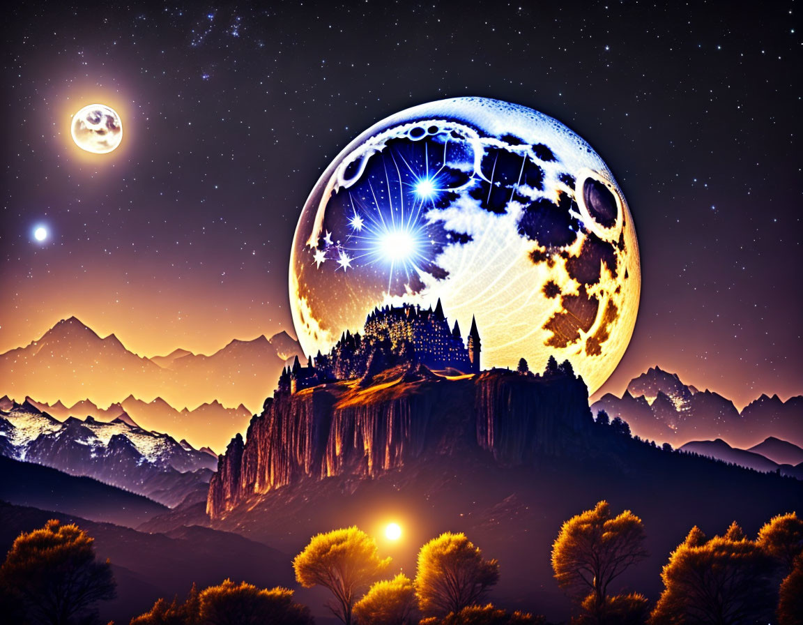 Fantastical landscape with castle, oversized moon, stars, and glowing trees