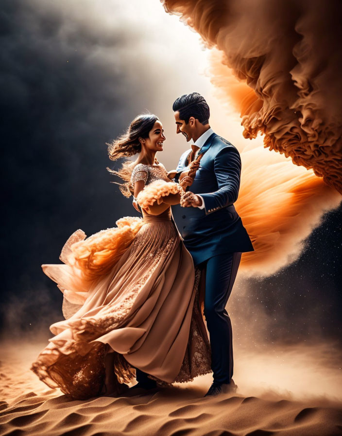 Elegant couple in golden gown and blue suit amidst swirling orange smoke and sand