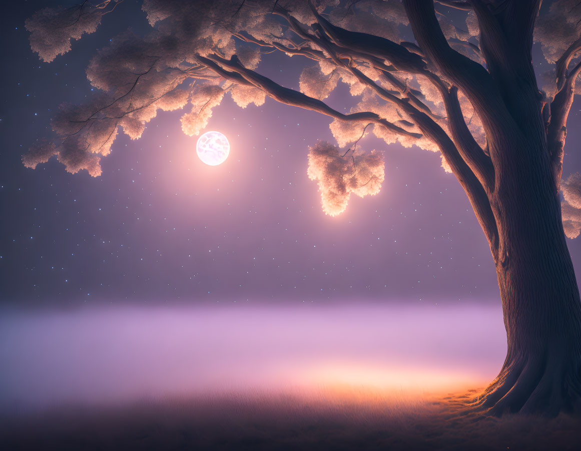 Full moon illuminating majestic tree in serene night scene