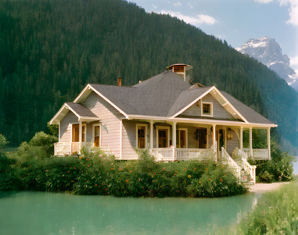 Pink House with Wraparound Porch Surrounded by Nature and Mountains