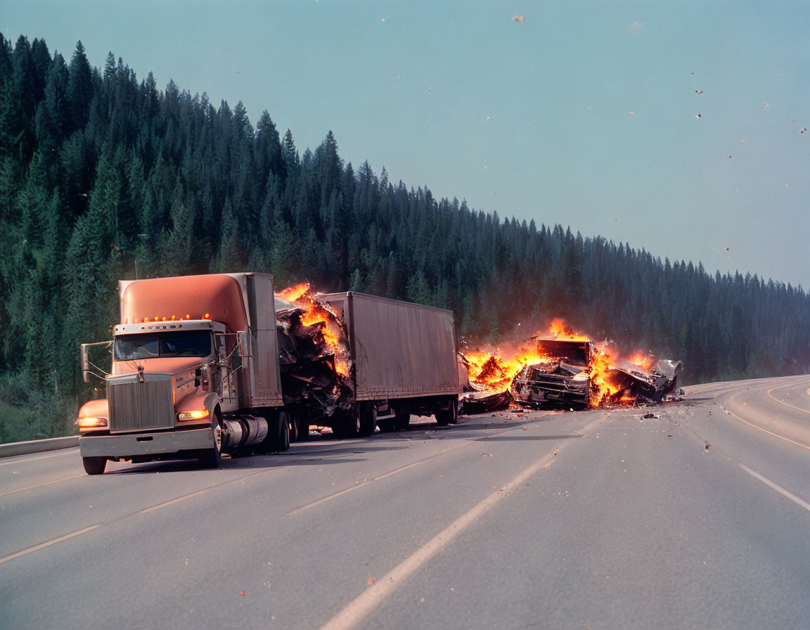 Fiery vehicle wreck on forest-lined highway