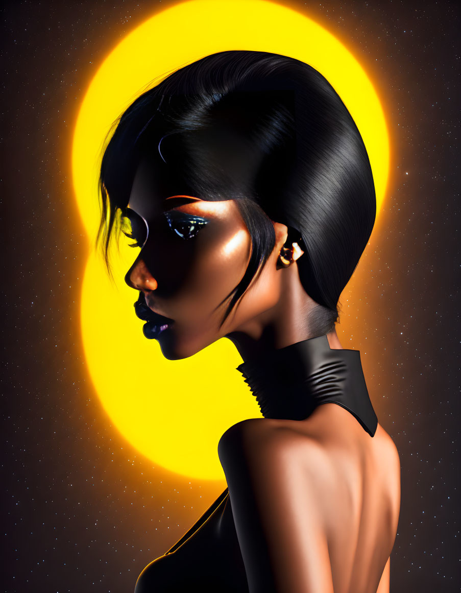 Digital artwork: Woman with black hair and futuristic makeup against yellow orb and starry backdrop