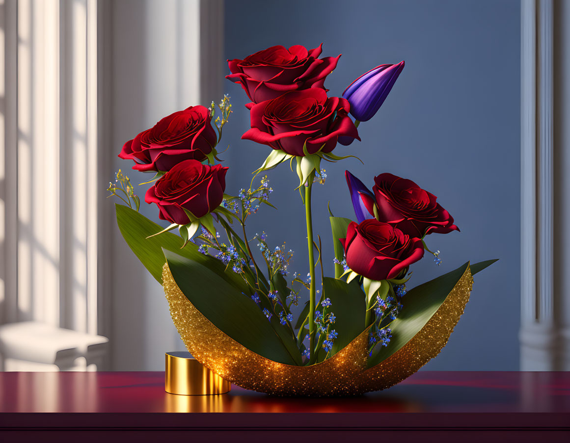 Red roses, purple tulips, and blue flowers in a golden vase on a wooden table against a